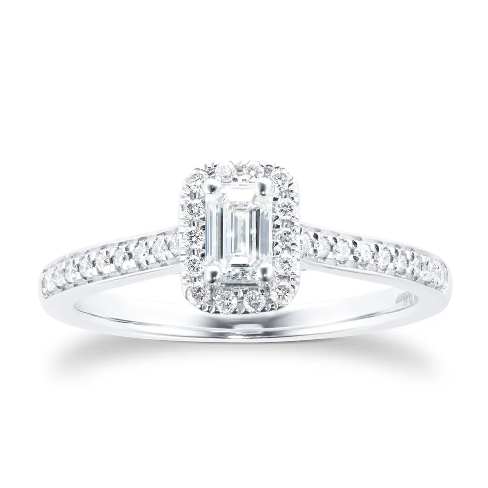 Jenny Packham Emerald Cut 0.50ct Halo Diamond Ring In 18ct White Gold