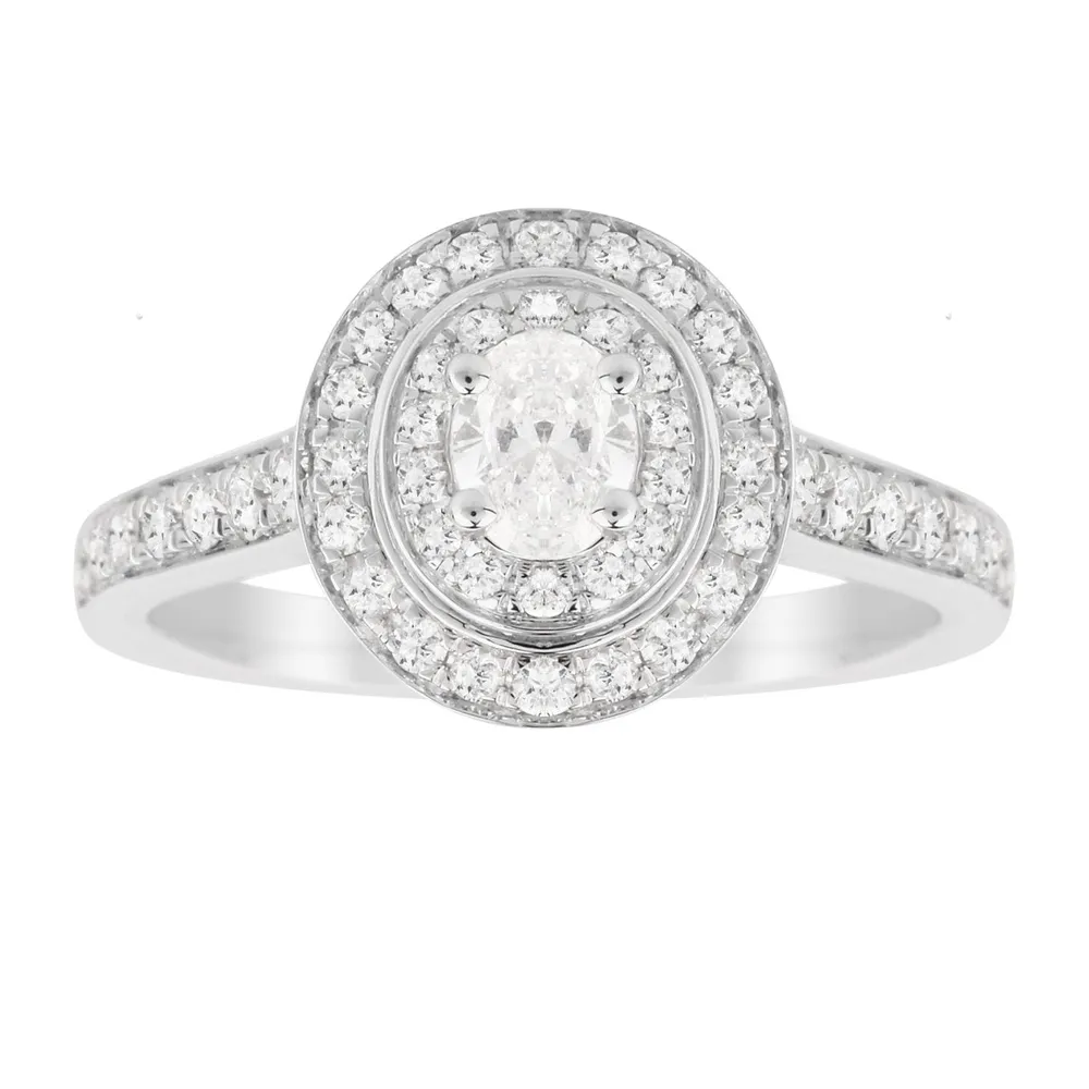 Jenny Packham Oval Cut 0.70 Carat Total Weight Double Halo Diamond Ring In 18 Carat White Gold