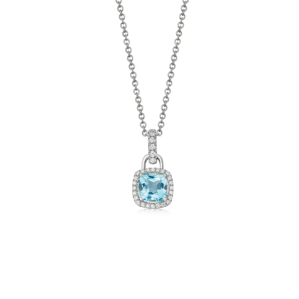 Kiki McDonough 18ct White Gold Mini Cushion Blue Topaz & 0.20ct Diamond Halo Pendant