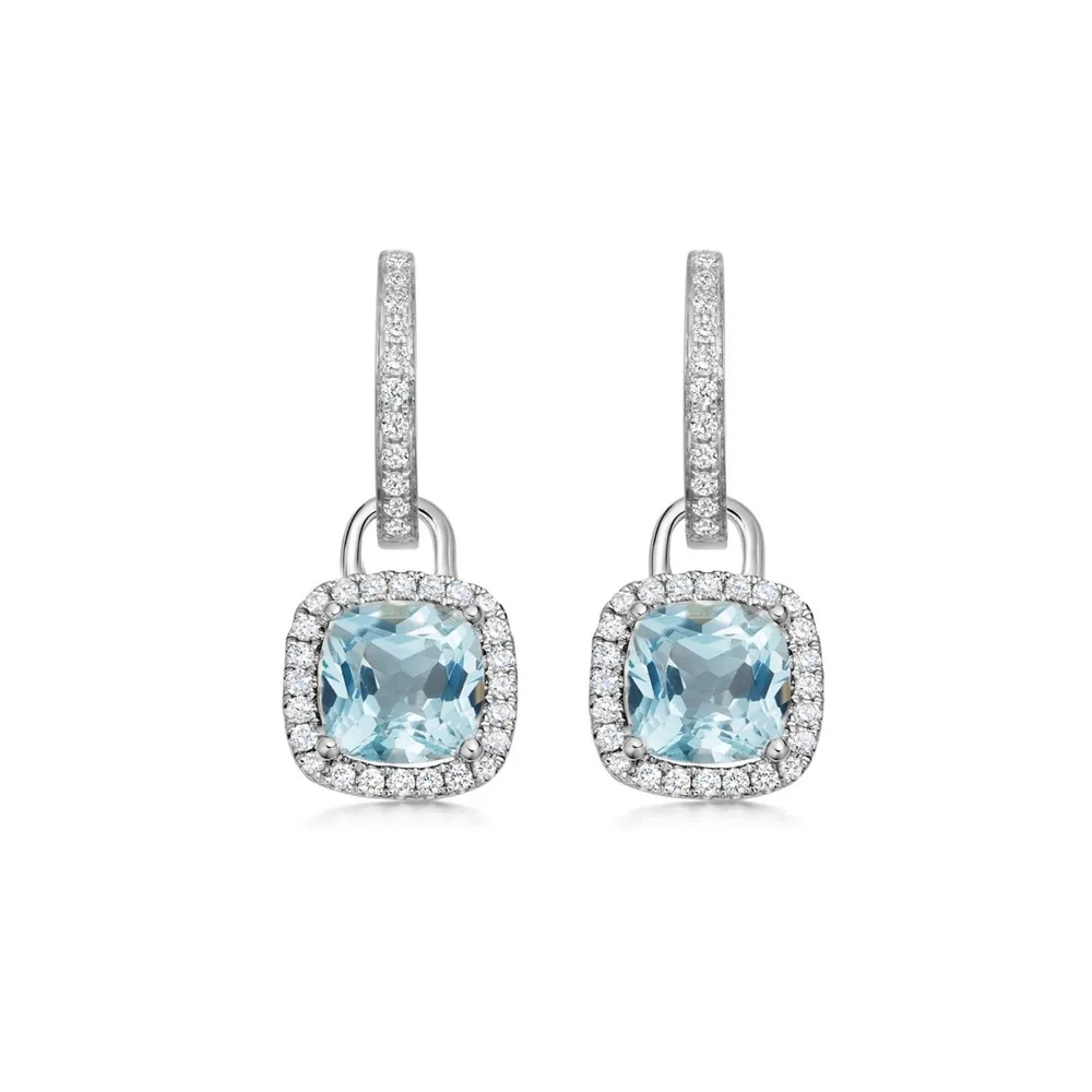 Kiki McDonough 18ct White Gold Mini Cushion Blue Topaz & 0.32ct Diamond Drop Earrings