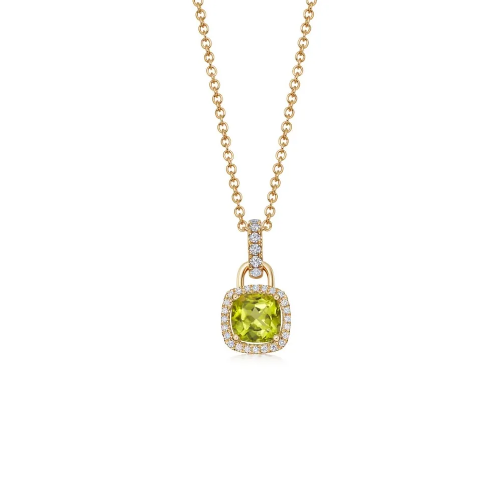 Kiki McDonough 18ct Yellow Gold Mini Cushion Peridot & 0.20ct Diamond Halo Pendant