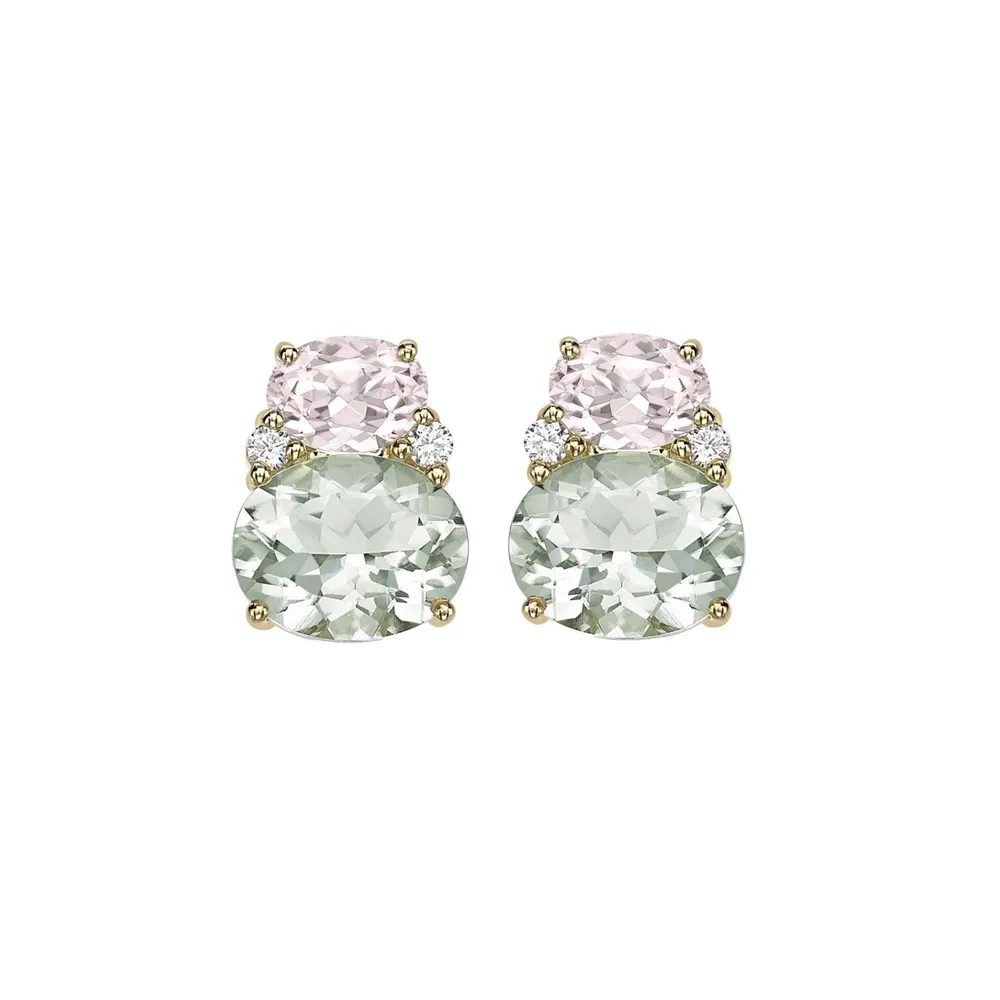 Kiki McDonough Kiki Classic 18ct Yellow Gold Morganite, Green Amethyst & 0.12cttw Diamond Double Oval Studs