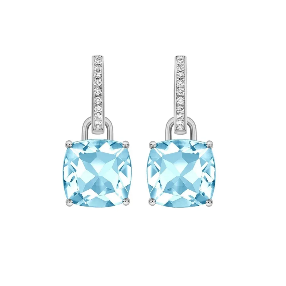 Kiki McDonough Kiki Classics 18ct White Gold, Cushion Cut Blue Topaz & 0.13cttw Diamond Detachable Hoop Earrings