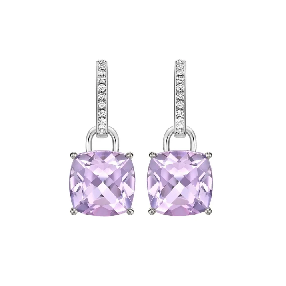 Kiki McDonough Kiki Classics 18ct White Gold, Cushion Cut Lavender Amethyst & 0.13cttw Diamond Detachable Hoop Earrings