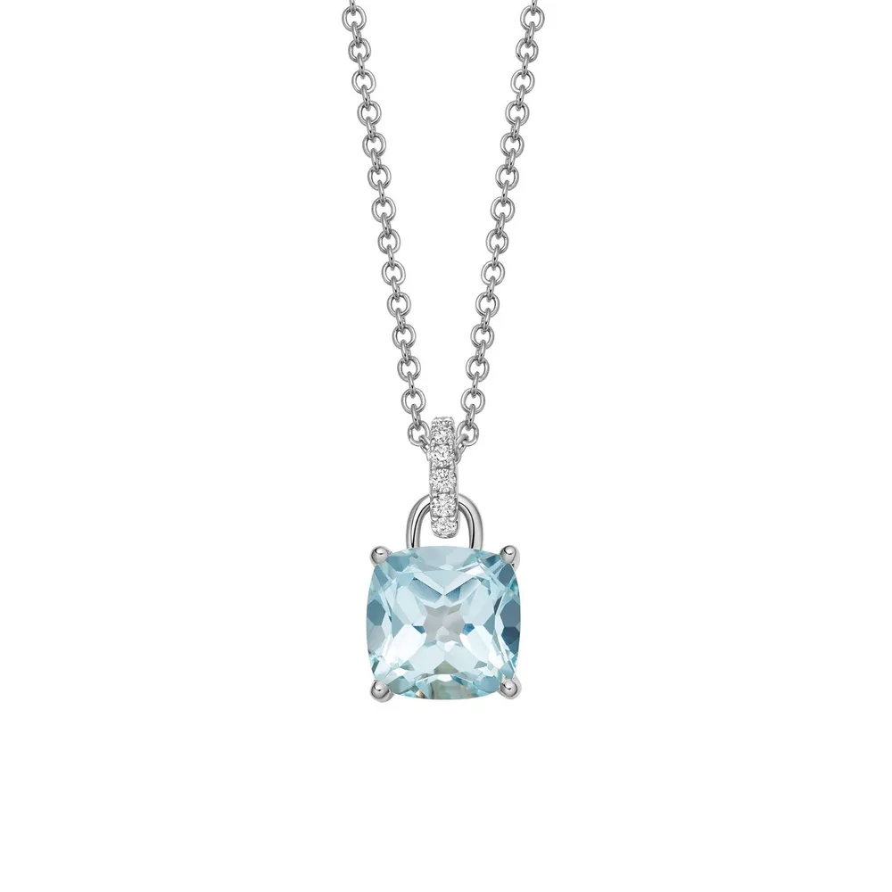 Kiki McDonough Kiki Cushion 18ct White Gold, Blue Topaz Pendant With 0.10cttw Diamond Loop
