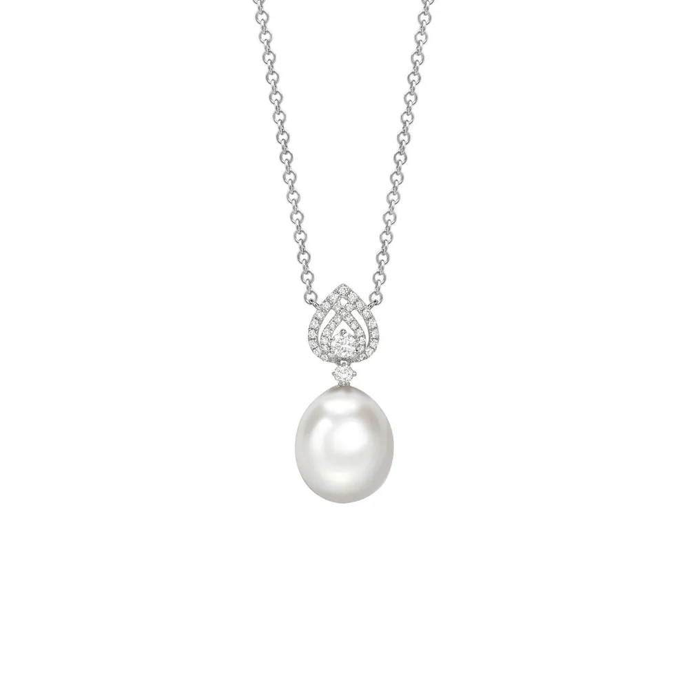 Kiki McDonough Pearls 18ct White Gold, Pearl & Tiered Pear 0.29cttw Diamond Detail Necklace