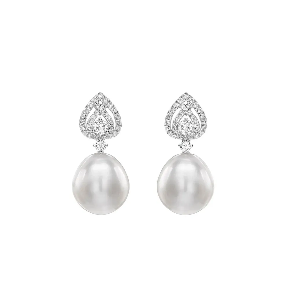Kiki McDonough Pearls 18ct White Gold Tiered Pear 0.56cttw Diamond Detail Pearl Earrings
