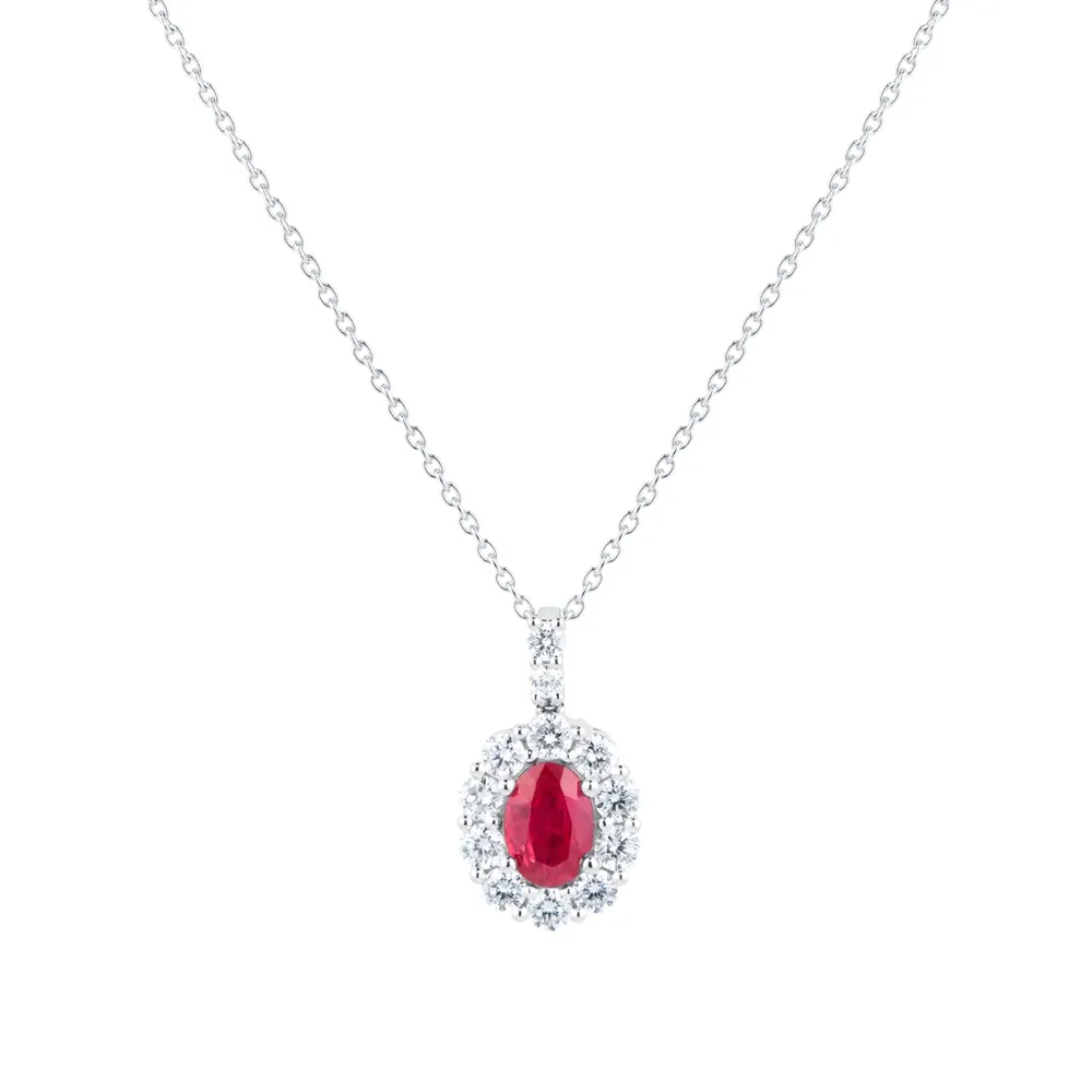 Mappin & Webb 18ct White Gold 0.67cttw Diamond and Ruby Oval Halo Pendant