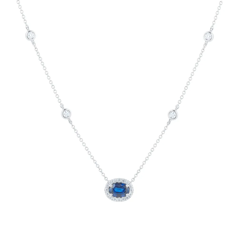 Mappin & Webb 18ct White Gold 1.50cttw Oval Cut Sapphire Halo Necklace