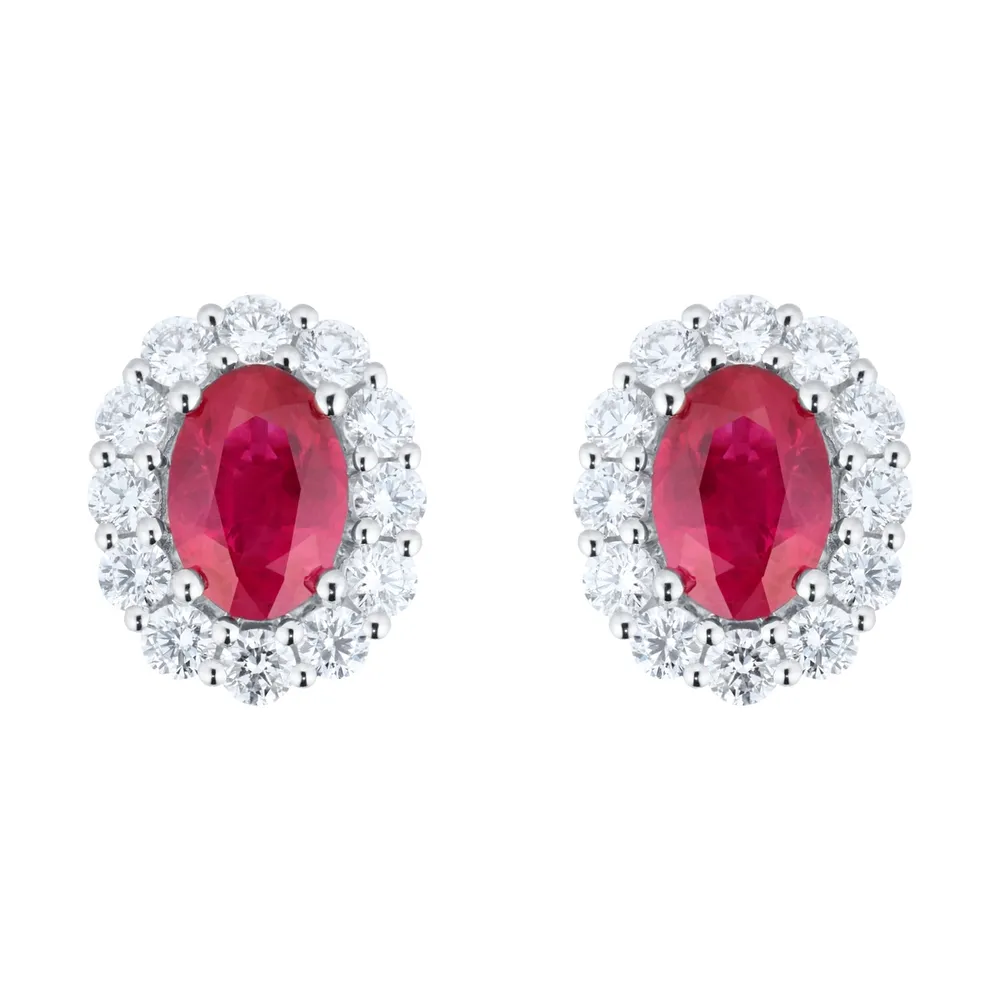 Mappin & Webb 18ct White Gold Ruby and Diamond Oval Halo Stud Earrings
