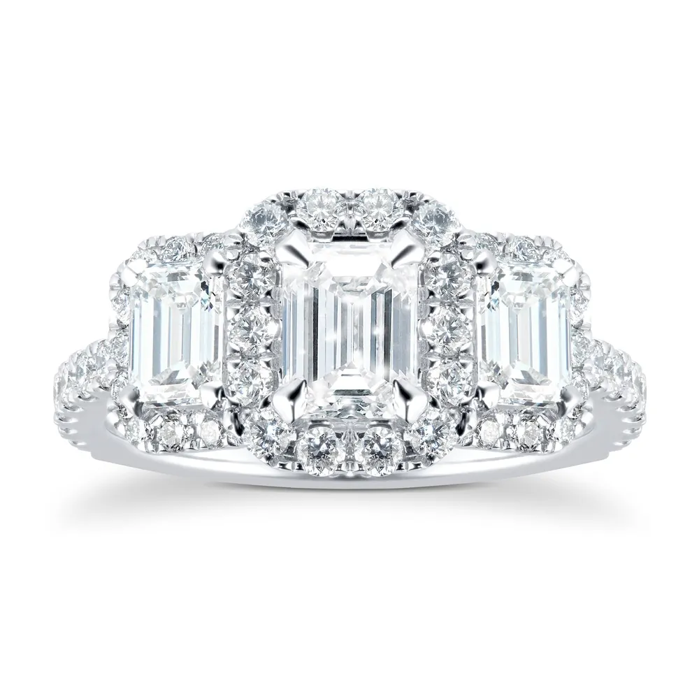 Mappin & Webb Amelia Platinum 2.00cttw Emerald Cut Three Stone Ring
