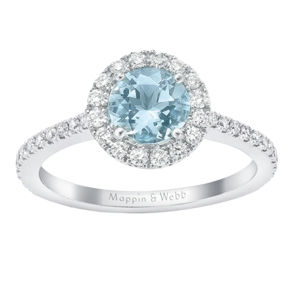 Mappin & Webb Carrington 18ct White Gold 6mm Aquamarine And 0.30cttw Diamond Ring