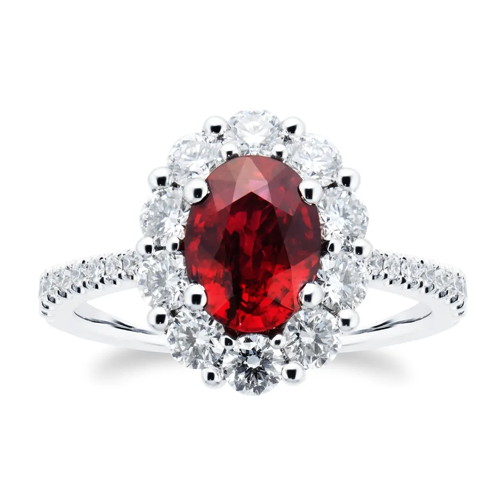 Mappin & Webb Platinum 0.97cttw Ruby & 0.84cttw Diamond Halo Diamond Ring