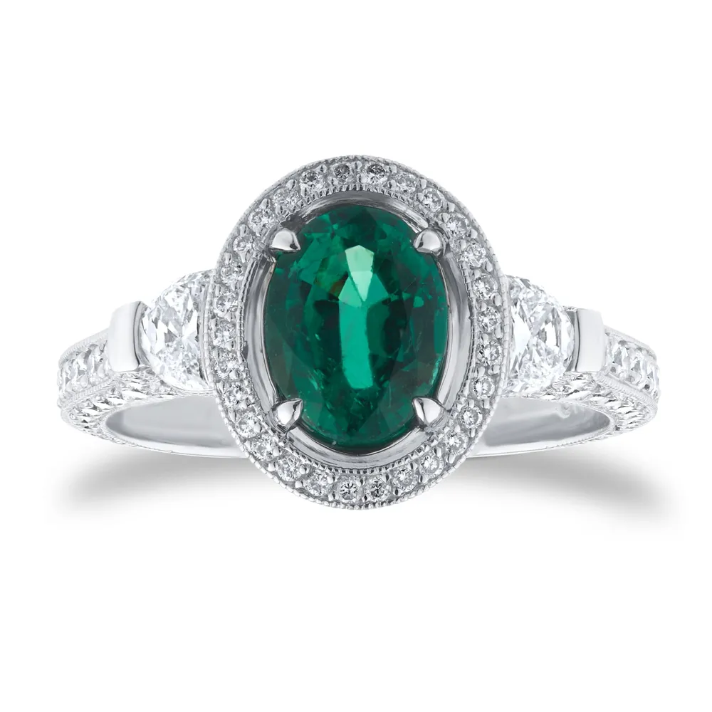 Mappin & Webb Platinum 1.13cttw Diamond & 1.29cttw Oval Cut Emerald Ring