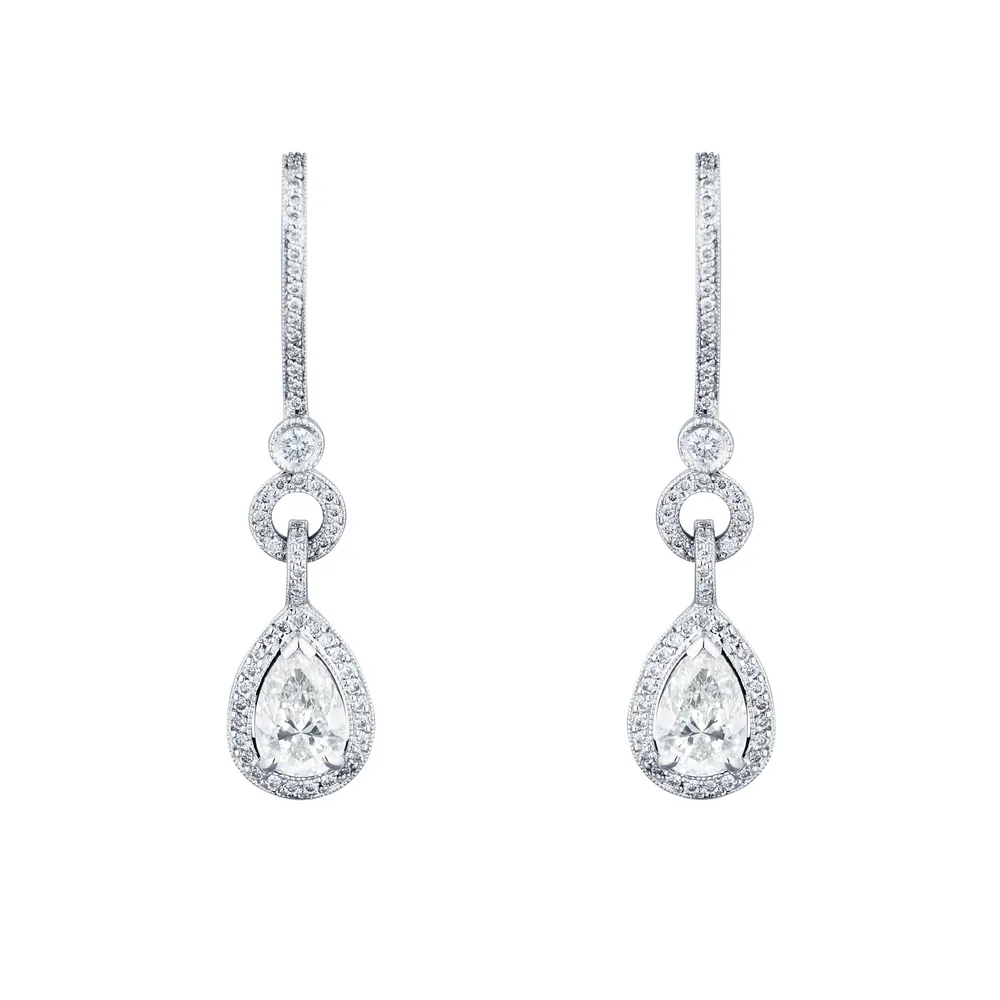 Mappin & Webb Platinum 2.62ct Pear Cut Diamond Halo Drop Earrings