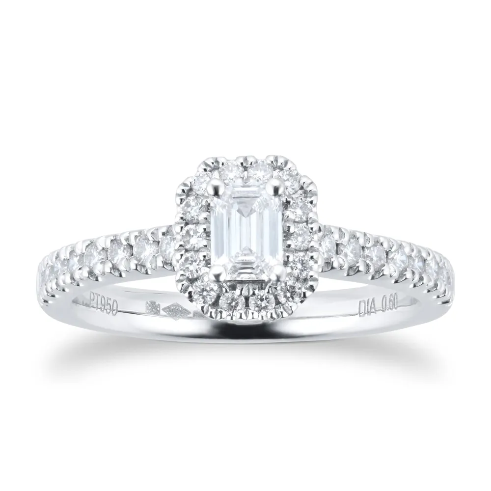 Platinum 0.60ct Diamond Emerald Cut Halo Engagement Ring