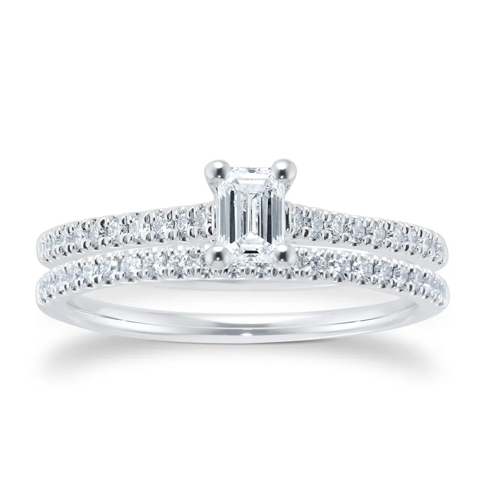Platinum 0.66ct Diamond Emerald Cut Solitaire Bridal Set