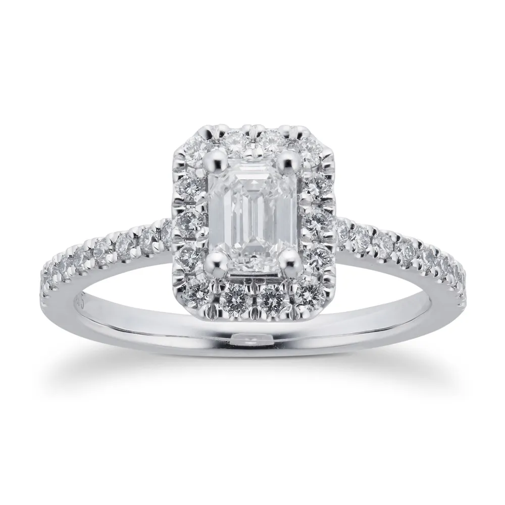 Platinum 0.75cttw Diamond Emerald Cut Halo Engagement Ring