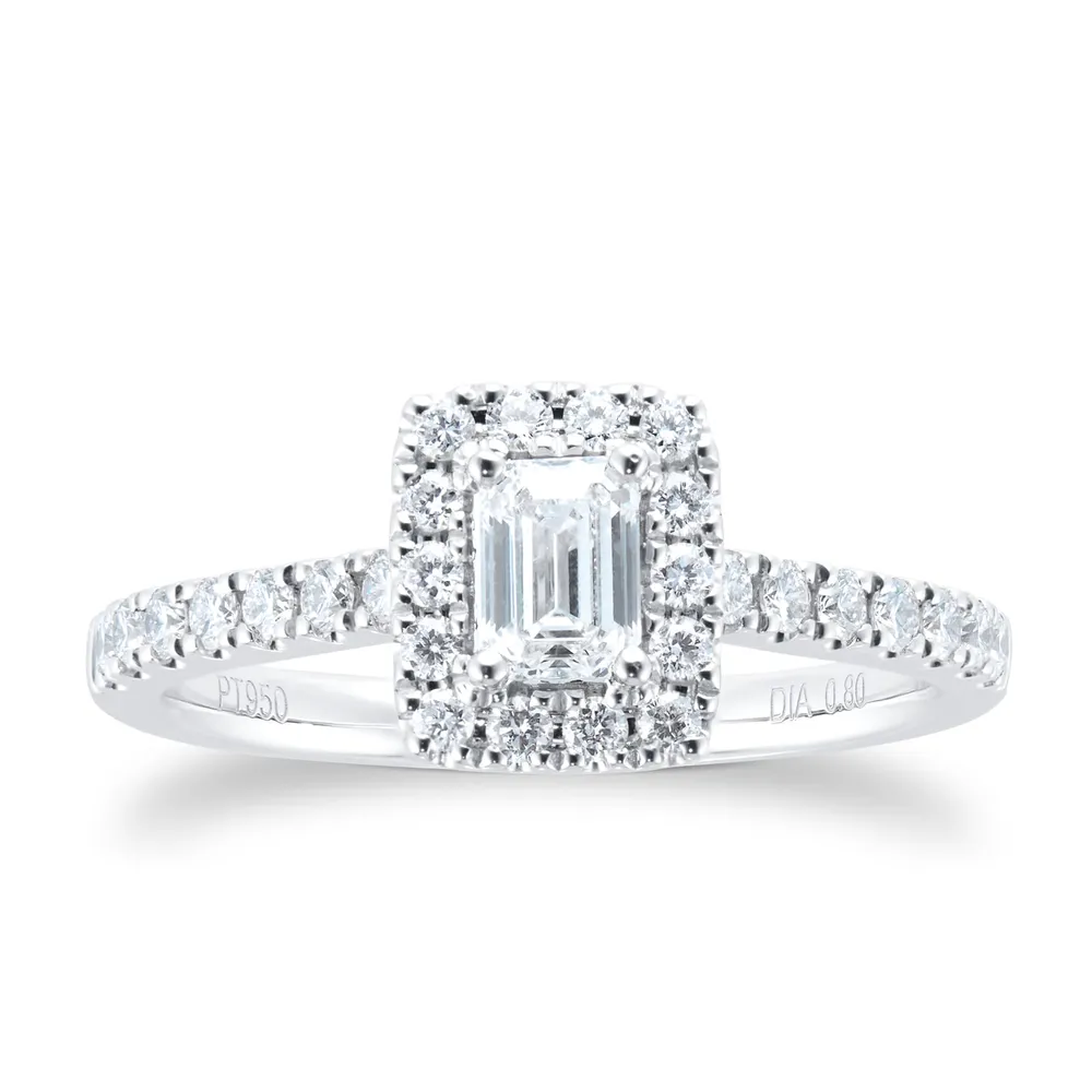 Platinum 0.80cttw Diamond Emerald Cut Halo Engagement Ring