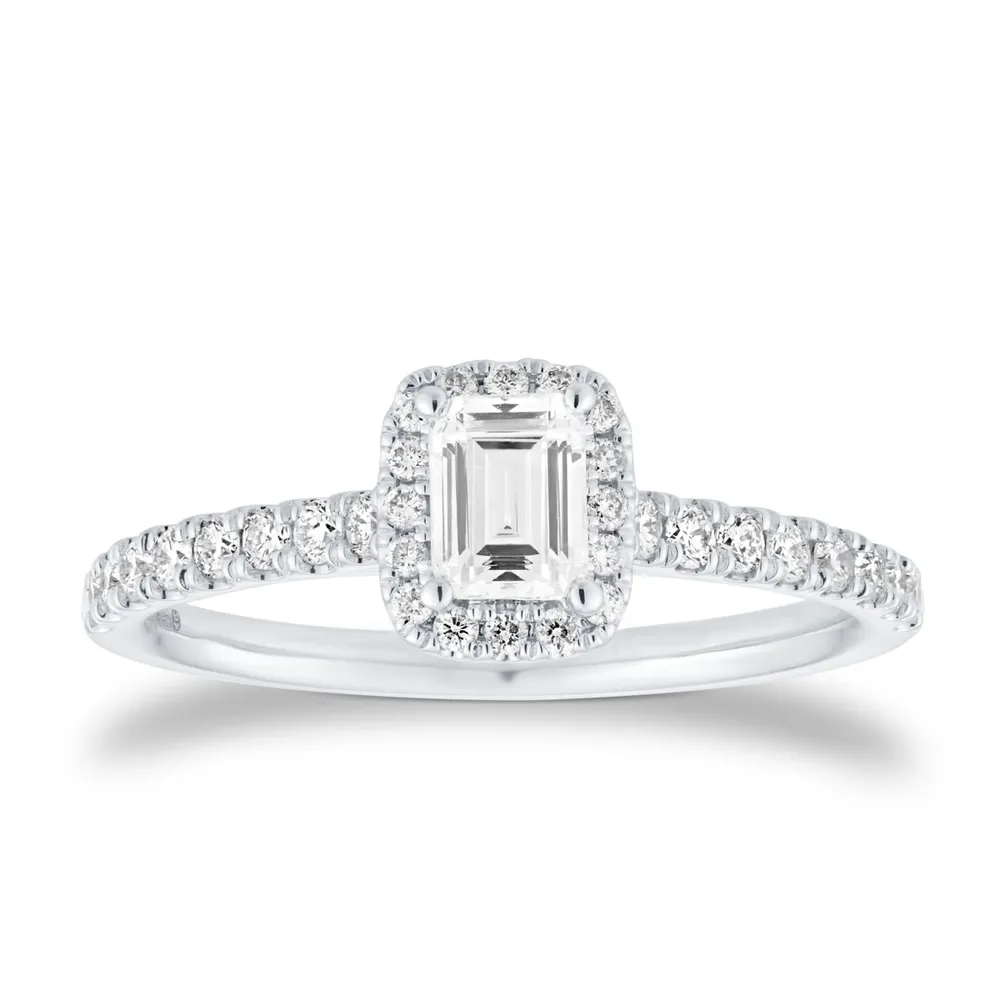 Platinum 0.80cttw Emerald Diamond Halo Engagement Ring