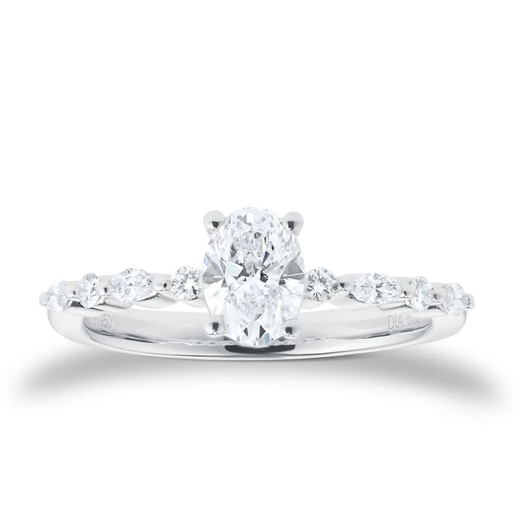 Platinum 0.90cttw Diamond Set Shoulder and Oval Cut Solitaire Engagement Ring