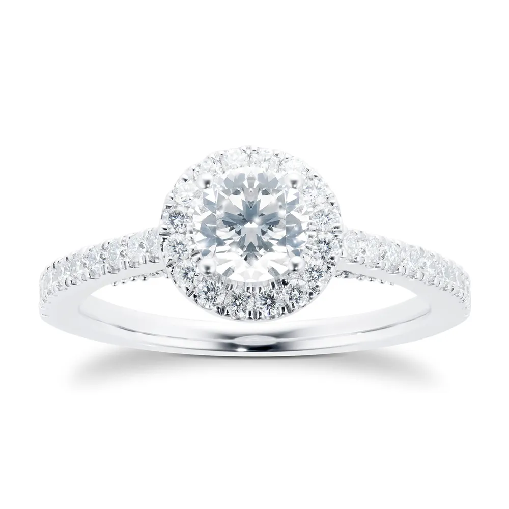 Platinum 0.95cttw Brilliant Cut Diamond Halo Set Shoulder Engagement Ring
