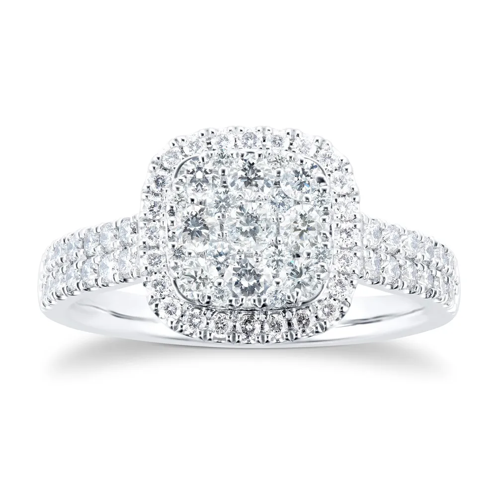 Platinum 1ct Diamond Cluster Engagement Ring with Diamond Shoulders
