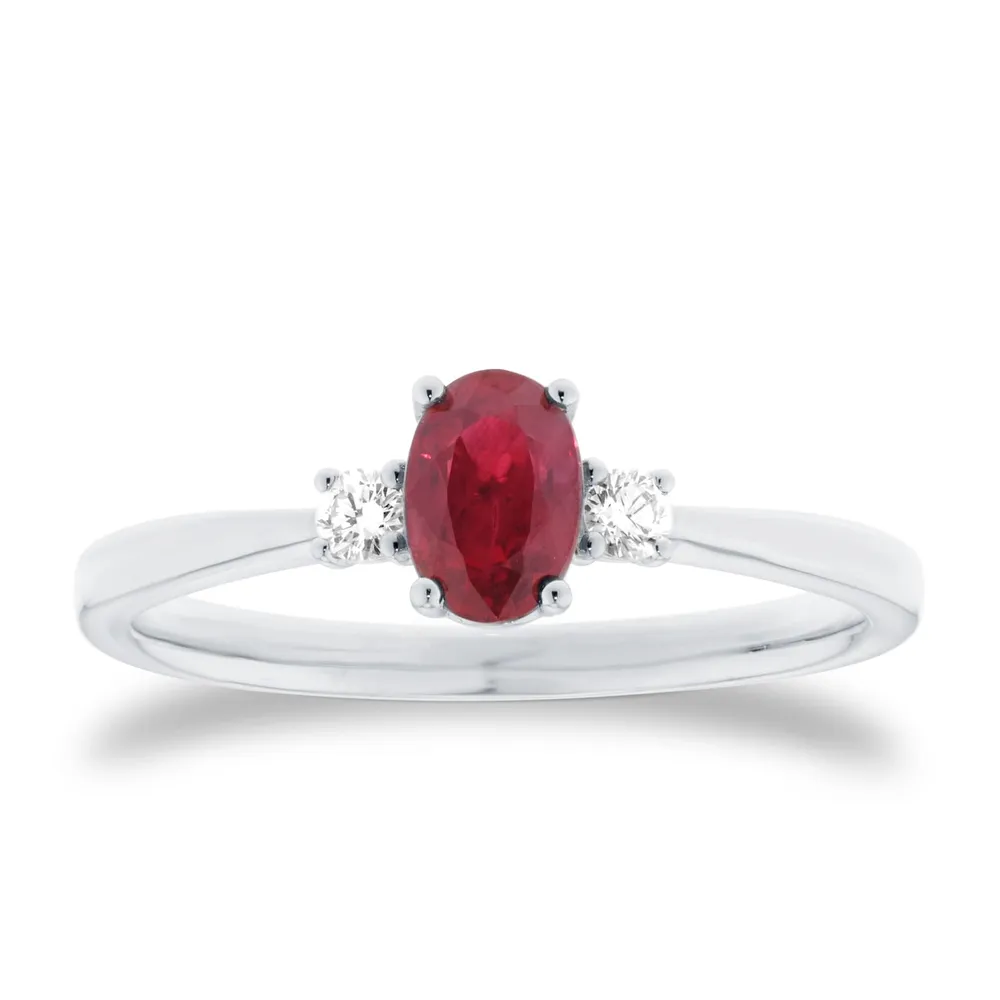 Platinum Oval Cut Ruby and Diamond Three Stone Engagement Ring