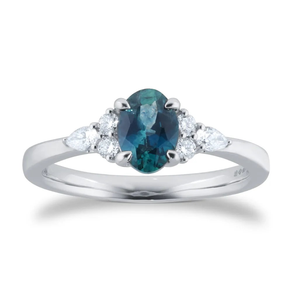 Platinum Teal Sapphire & 0.20ct Diamond Ring