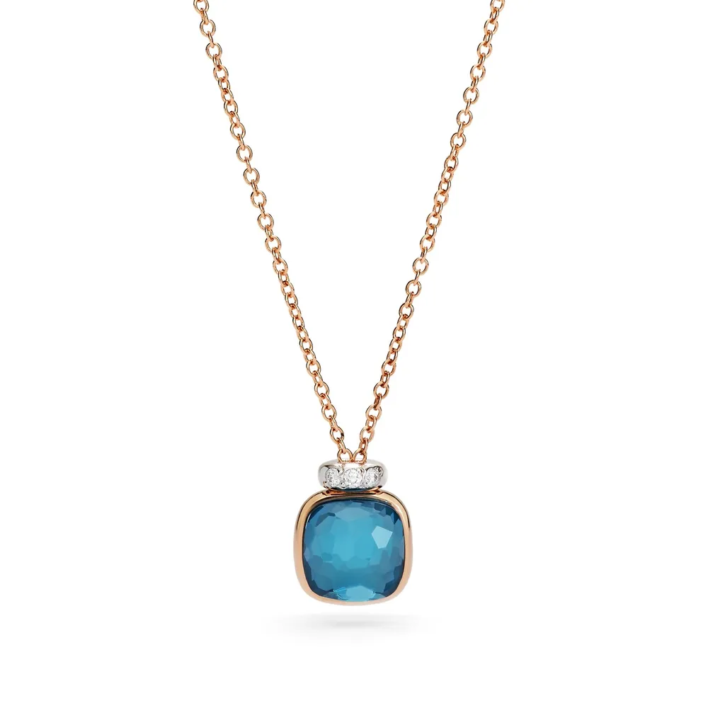 Pomellato 18ct Rose Gold Nudo London Blue Topaz & 0.02ct Diamond Pendant Necklace