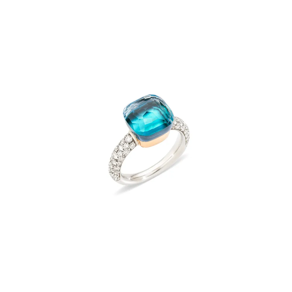 Pomellato Nudo Classic 18ct White & Rose Gold Agate, Sky Blue Topaz & Diamond Ring