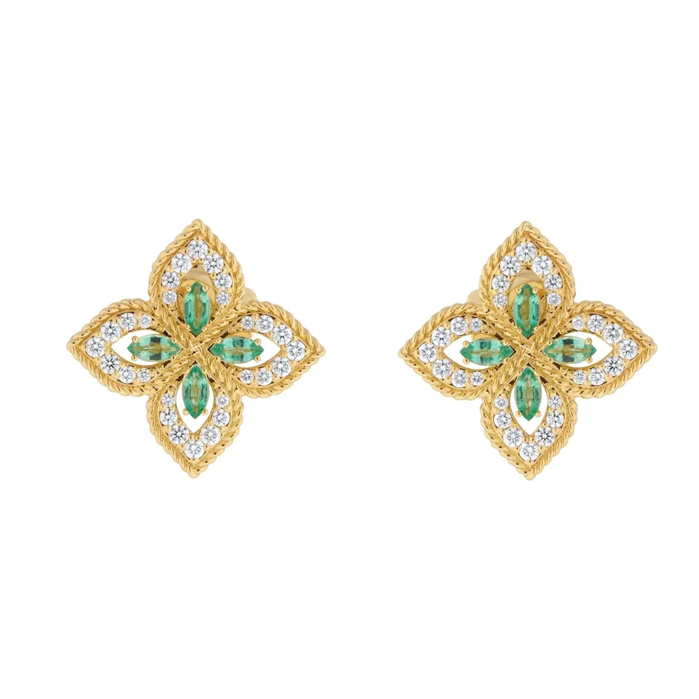 Roberto Coin Exclusive Venetian Princess 18ct Yellow Gold Emerald & 0.55ct Diamond Stud Earrings