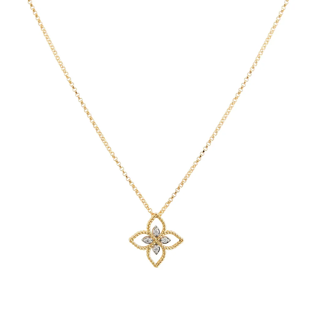Roberto Coin Princess Flower 18ct Bi-Colour Gold 0.04ct Diamond Pendant Necklace