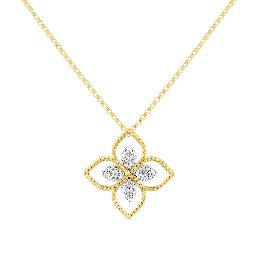 Roberto Coin Princess Flower 18ct Bi-Colour Gold 0.18ct Diamond Pendant Necklace