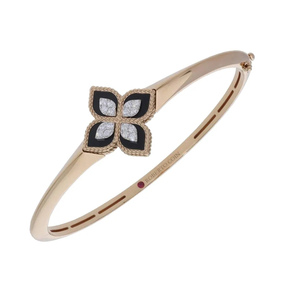 Roberto Coin Princess Flower 18ct Rose Gold 0.18ct Diamond & Black Jade Bangle - Size Small
