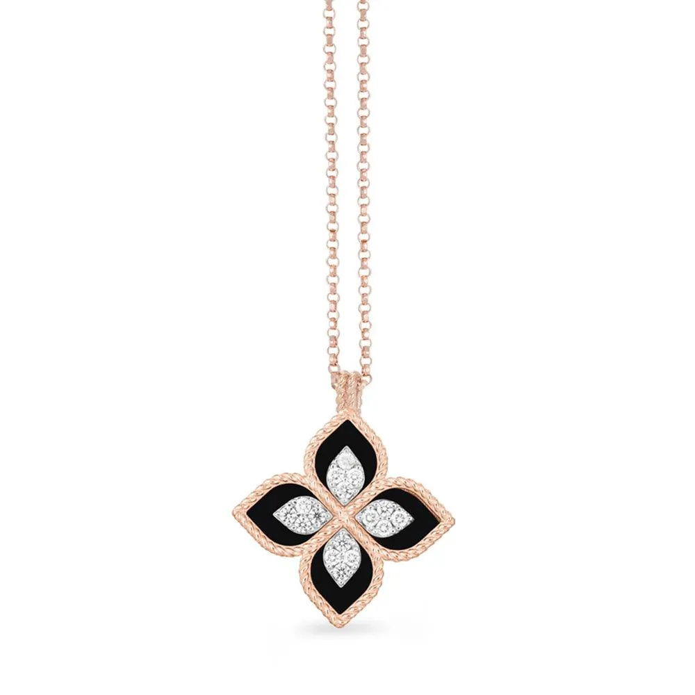 Roberto Coin Princess Flower 18ct Rose Gold 0.18ct Diamond & Black Jade Pendant Necklace