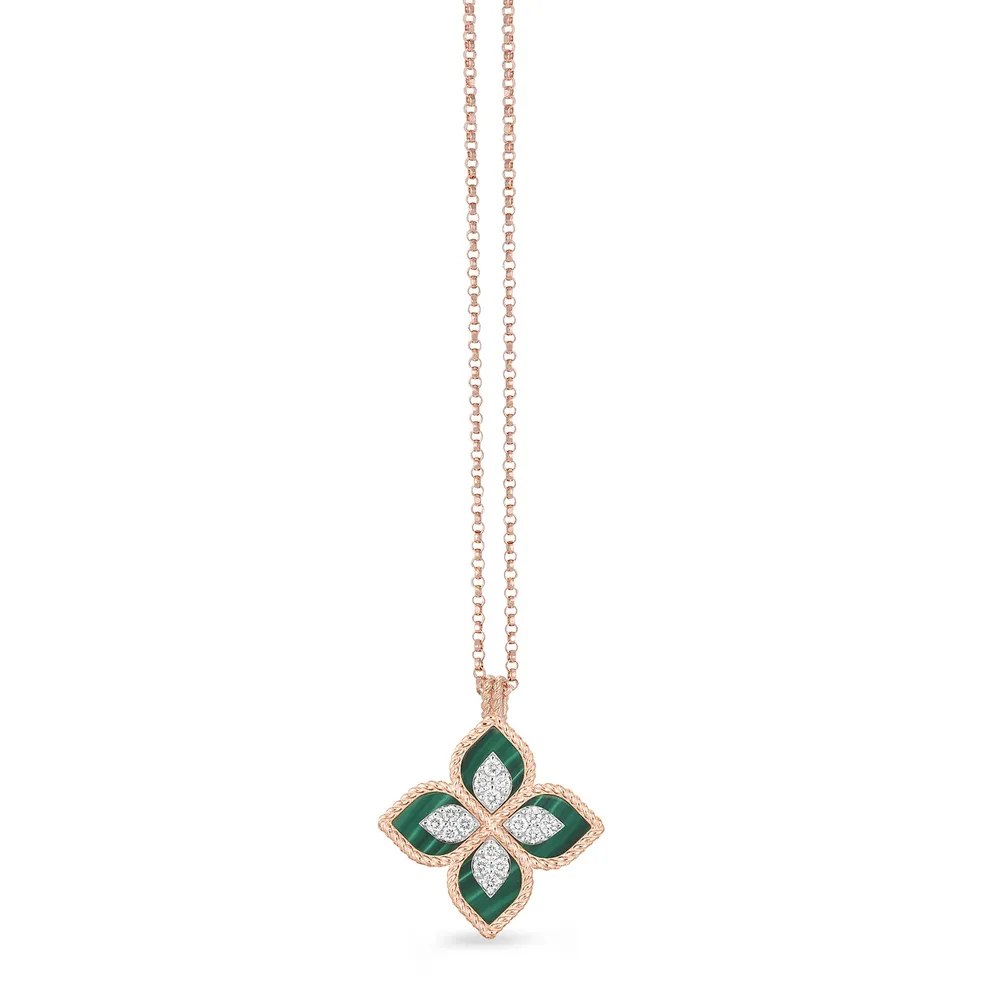 Roberto Coin Princess Flower 18ct Rose Gold 0.19ct Diamond & Malachite Pendant Necklace