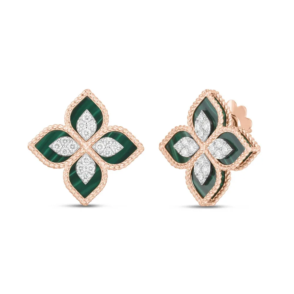 Roberto Coin Princess Flower 18ct Rose Gold 0.37ct Diamond & Malachite Stud Earrings
