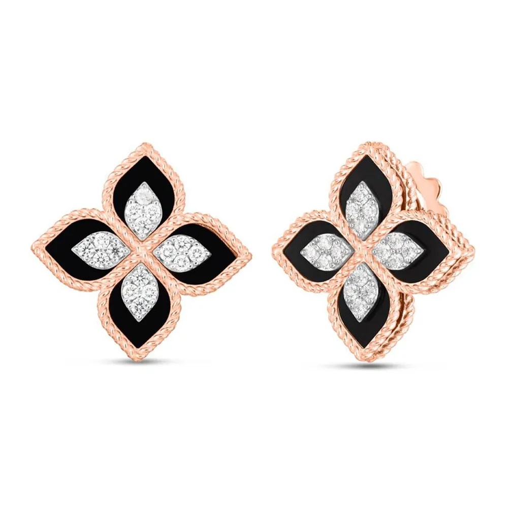 Roberto Coin Princess Flower 18ct Rose Gold 0.38ct Diamond & Black Jade Stud Earrings