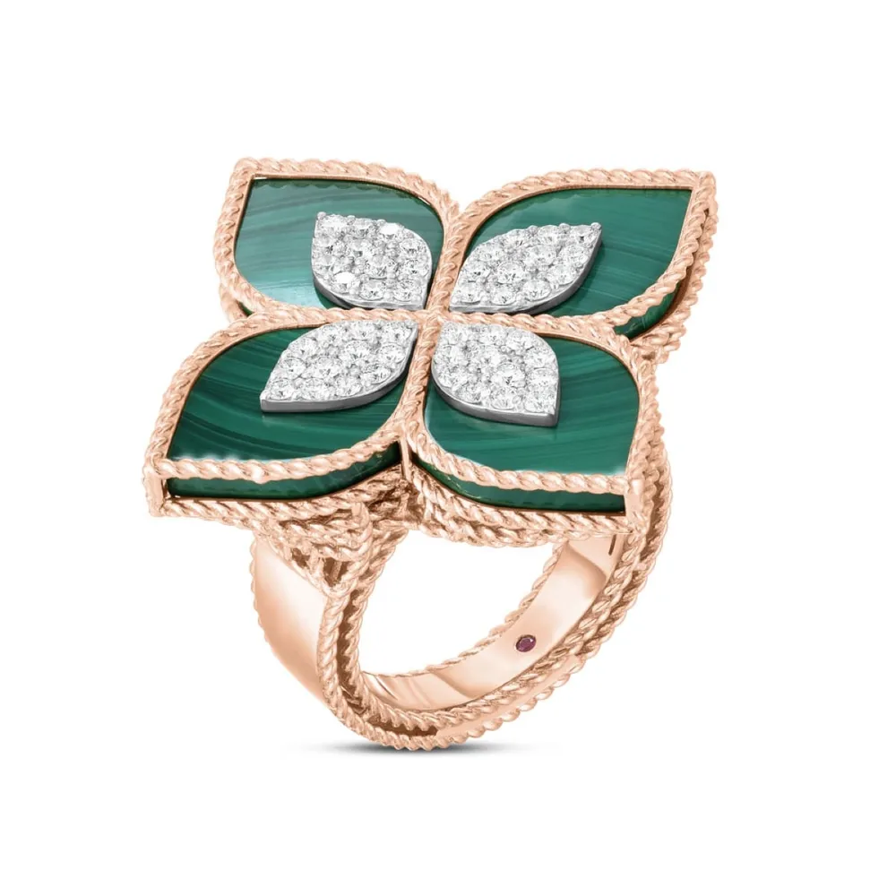Roberto Coin Princess Flower 18ct Rose Gold 0.72ct Diamond & Malachite Ring - Ring Size M.5