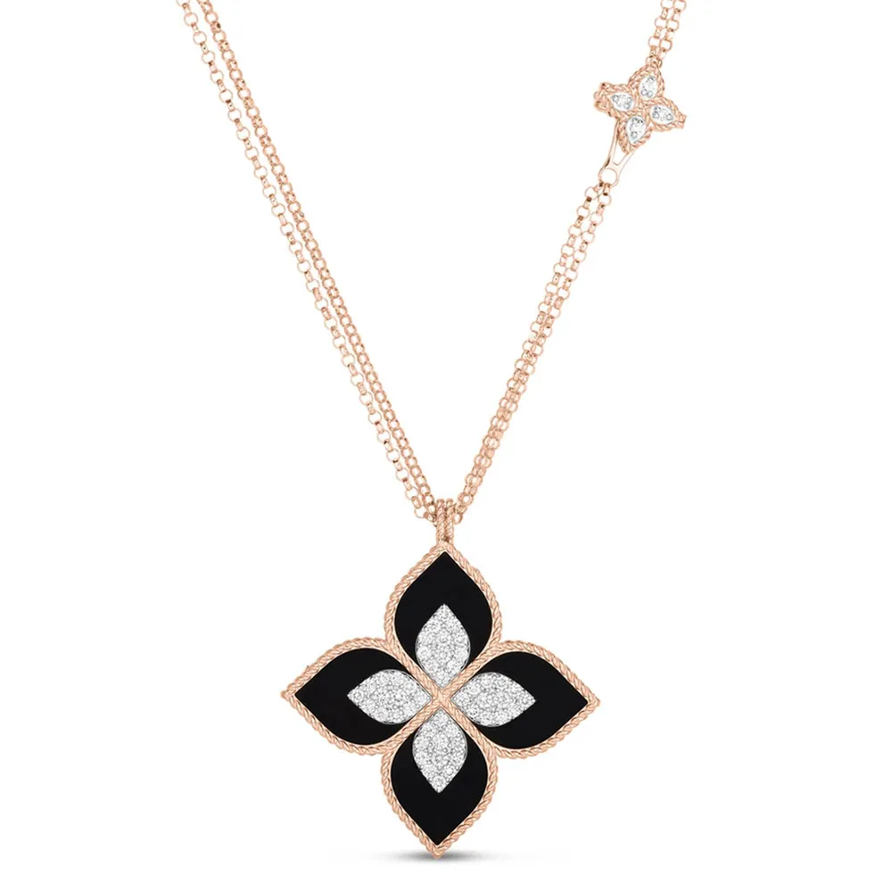 Roberto Coin Princess Flower 18ct Rose Gold 0.76ct Diamond & Black Jade Pendant Necklace