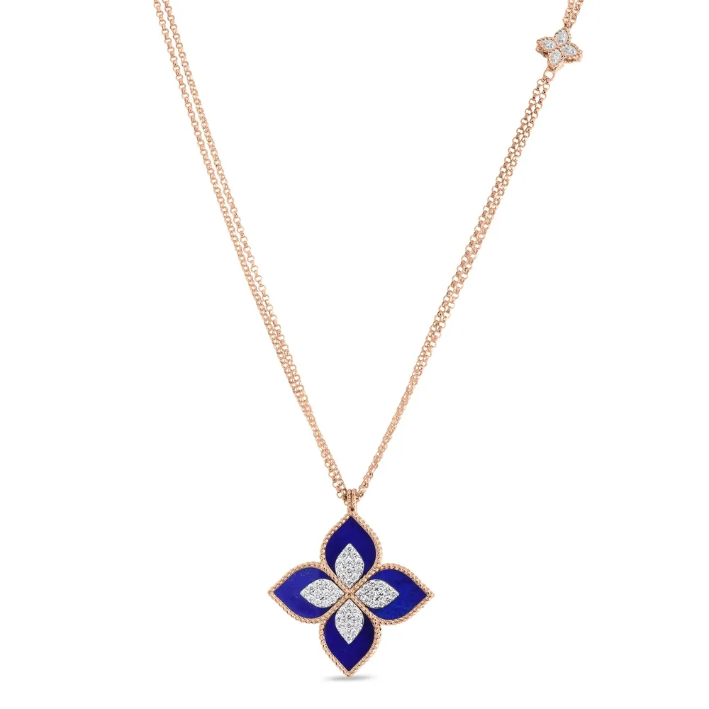 Roberto Coin Princess Flower 18ct Rose Gold 0.76ct Diamond & Lapis Pendant Necklace