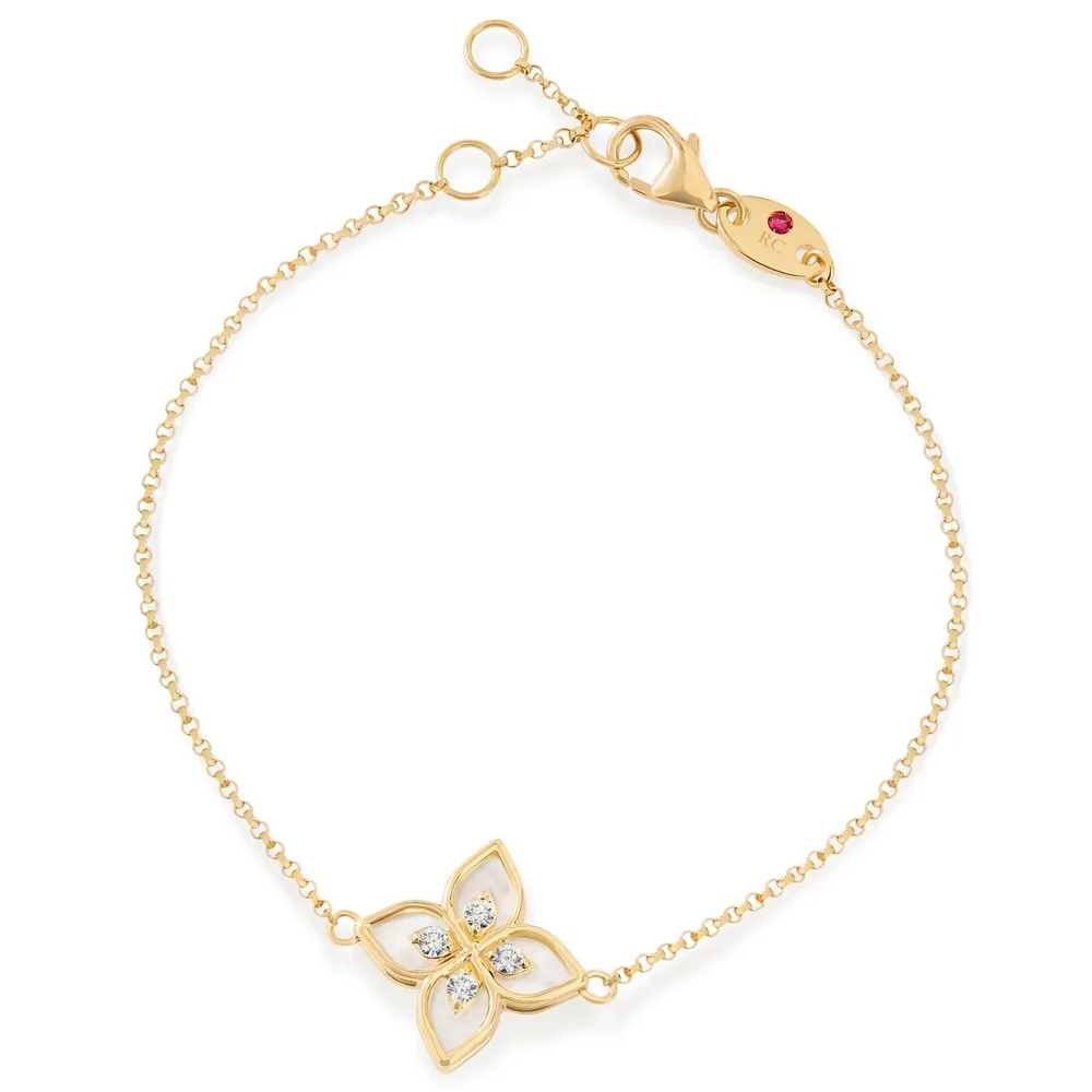 Roberto Coin Princess Flower 18ct Yellow Gold 0.06ct Diamond & Mother Of Pearl Bracelet