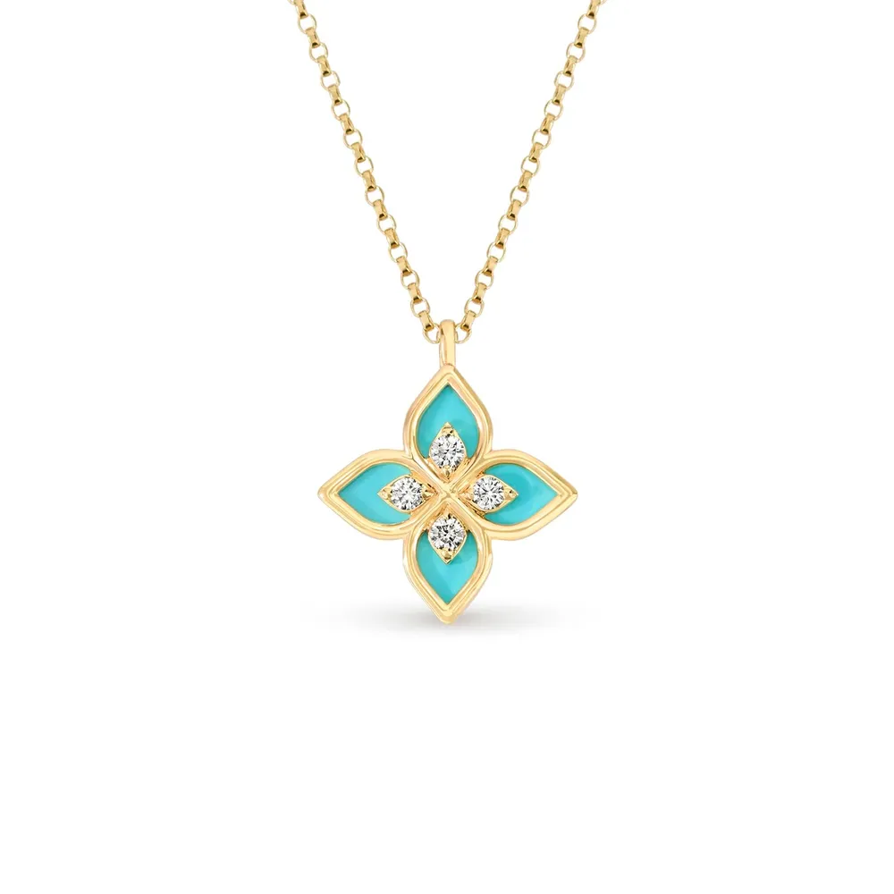 Roberto Coin Princess Flower 18ct Yellow Gold 0.09ct Diamond & Enamel Pendant Necklace