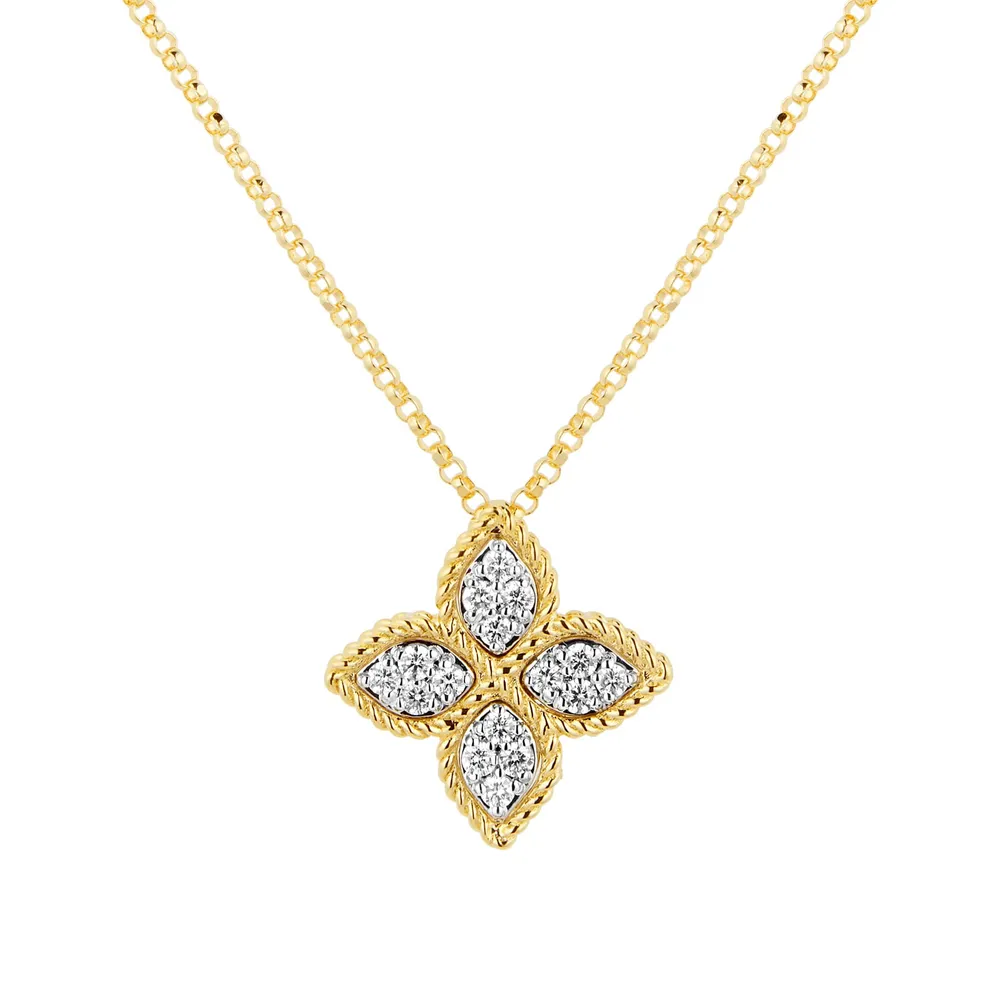 Roberto Coin Princess Flower 18ct Yellow Gold 0.18ct Diamond Pendant Necklace