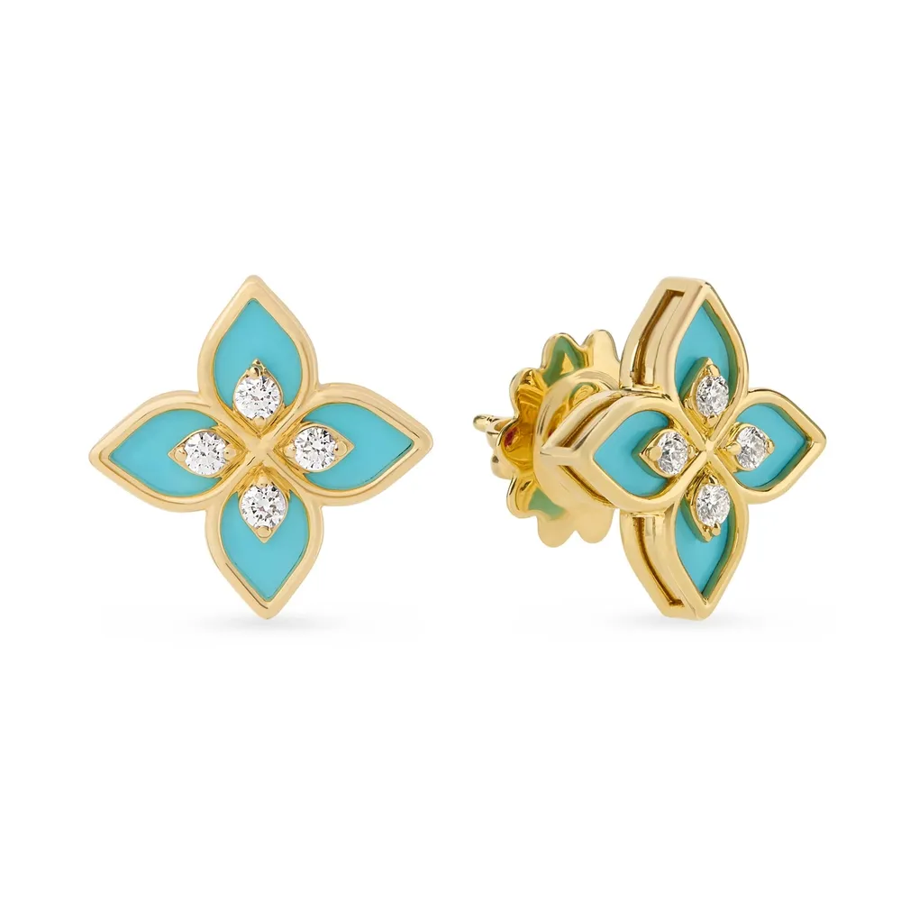 Roberto Coin Princess Flower 18ct Yellow Gold 0.19ct Diamond & Enamel Stud Earrings