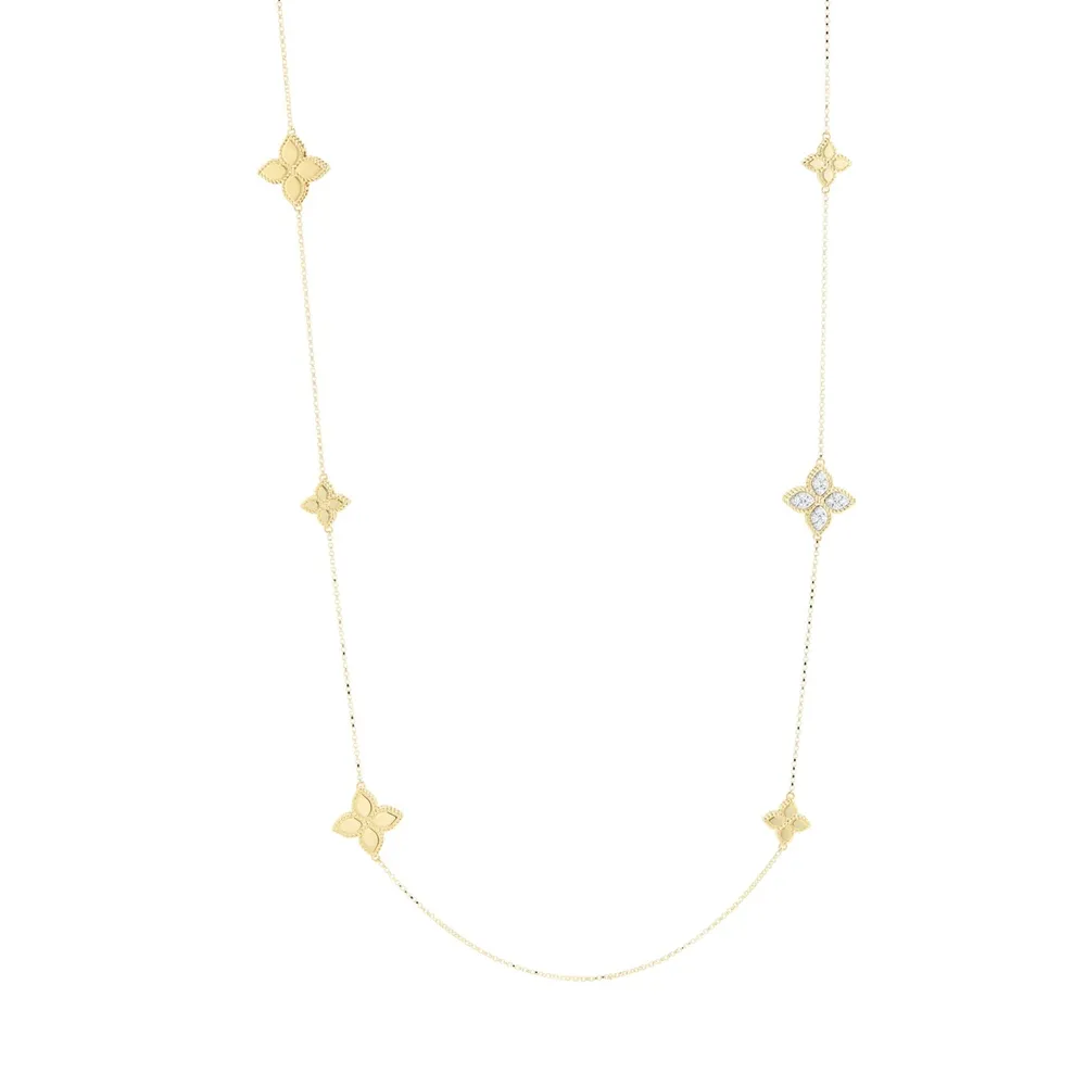 Roberto Coin Princess Flower 18ct Yellow Gold Black Jade & 0.18ct Diamond Long Necklace