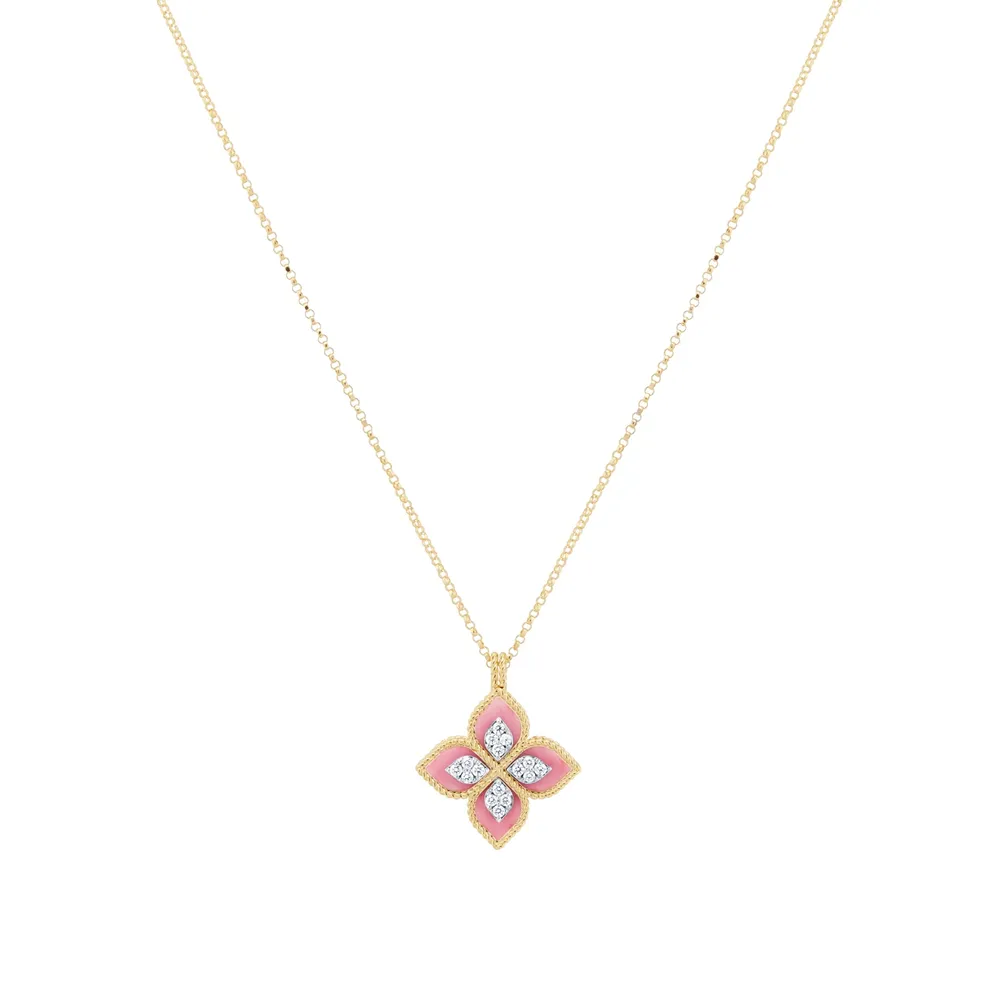 Roberto Coin Princess Flower 18ct Yellow Gold Rhodonite & 0.18ct Diamond Pendant