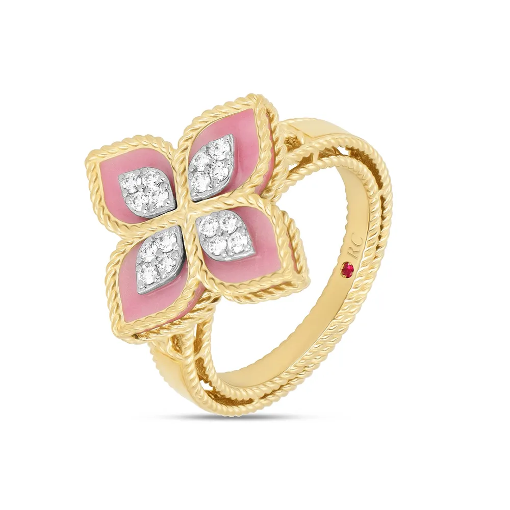 Roberto Coin Princess Flower 18ct Yellow Gold Rhodonite & 0.19ct Diamond Ring