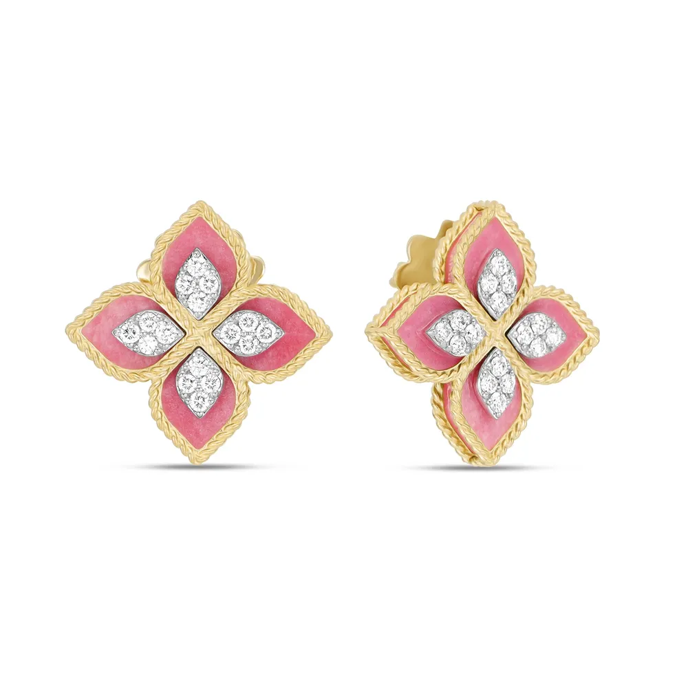 Roberto Coin Princess Flower 18ct Yellow Gold Rhodonite & 0.36ct Diamond Stud Earrings